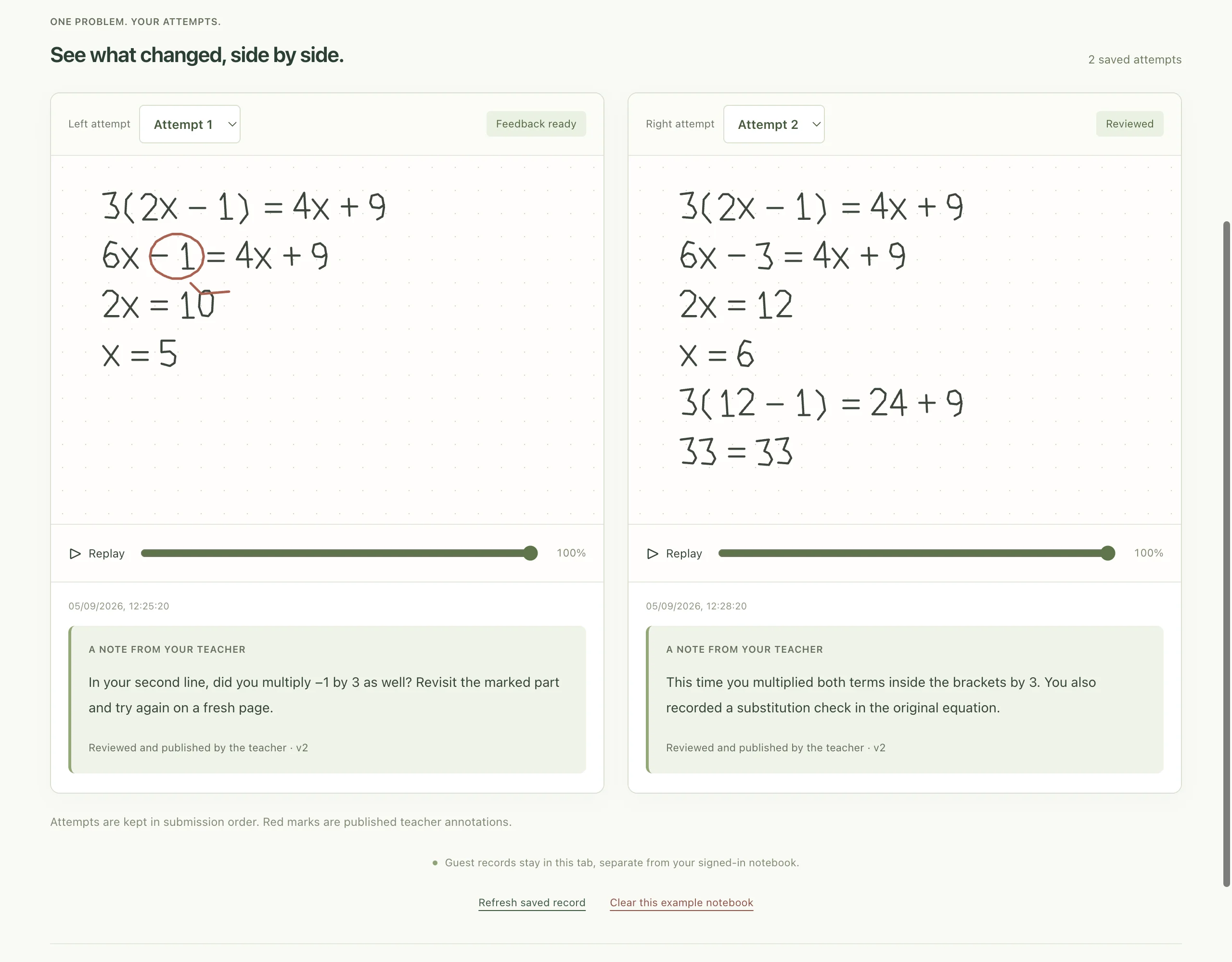 Actual demo comparing two attempts: the revised synthetic solution corrects the expansion and finds x=6.